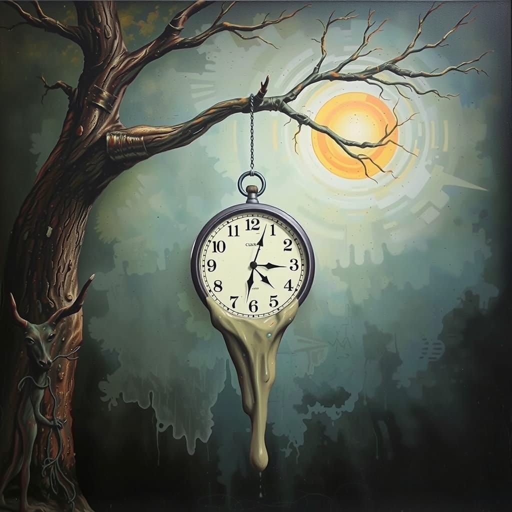 Surreal Melting Clock on Tree Branch, Dali Style