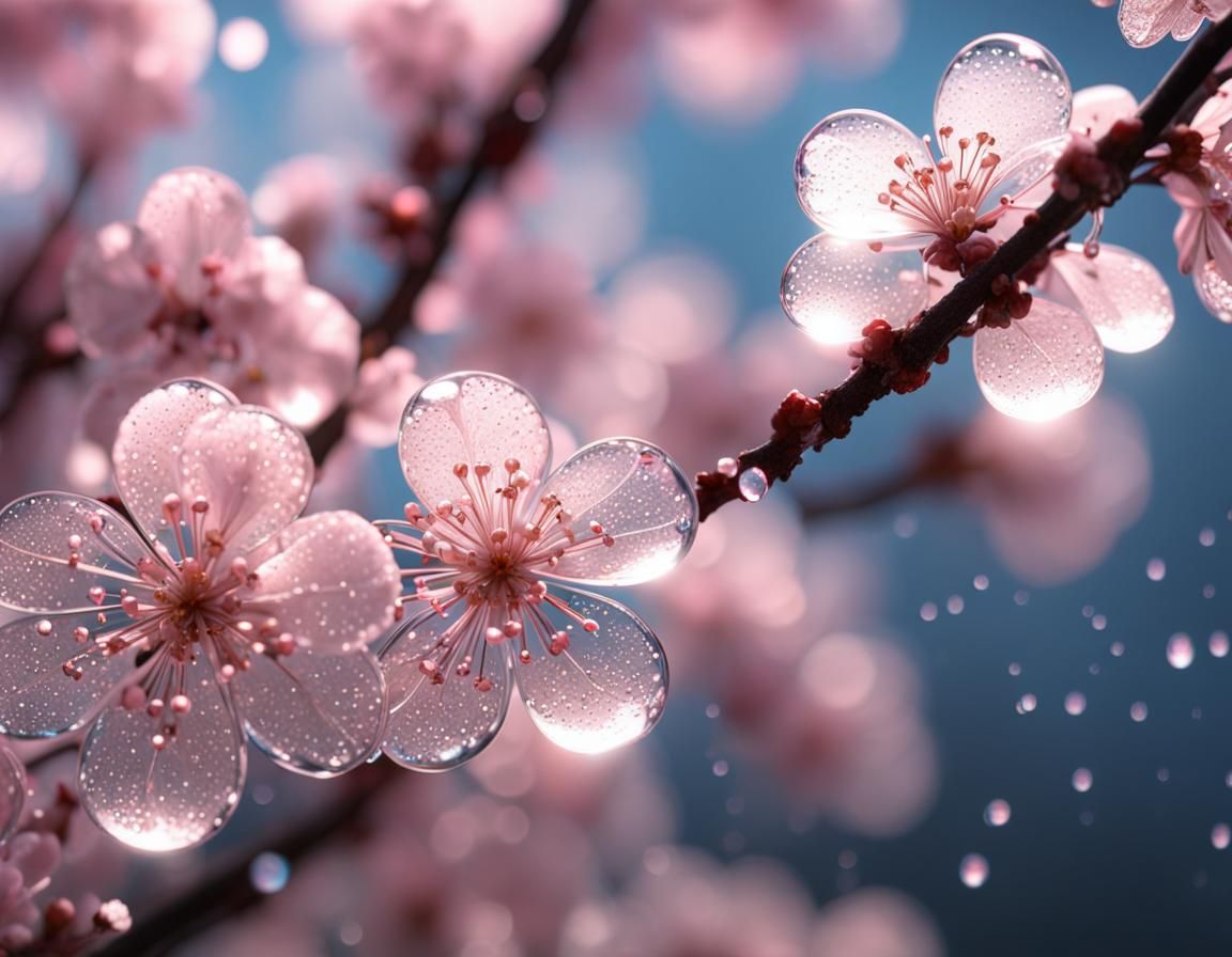 Crystal Cherry Blossoms with Dew in 8K