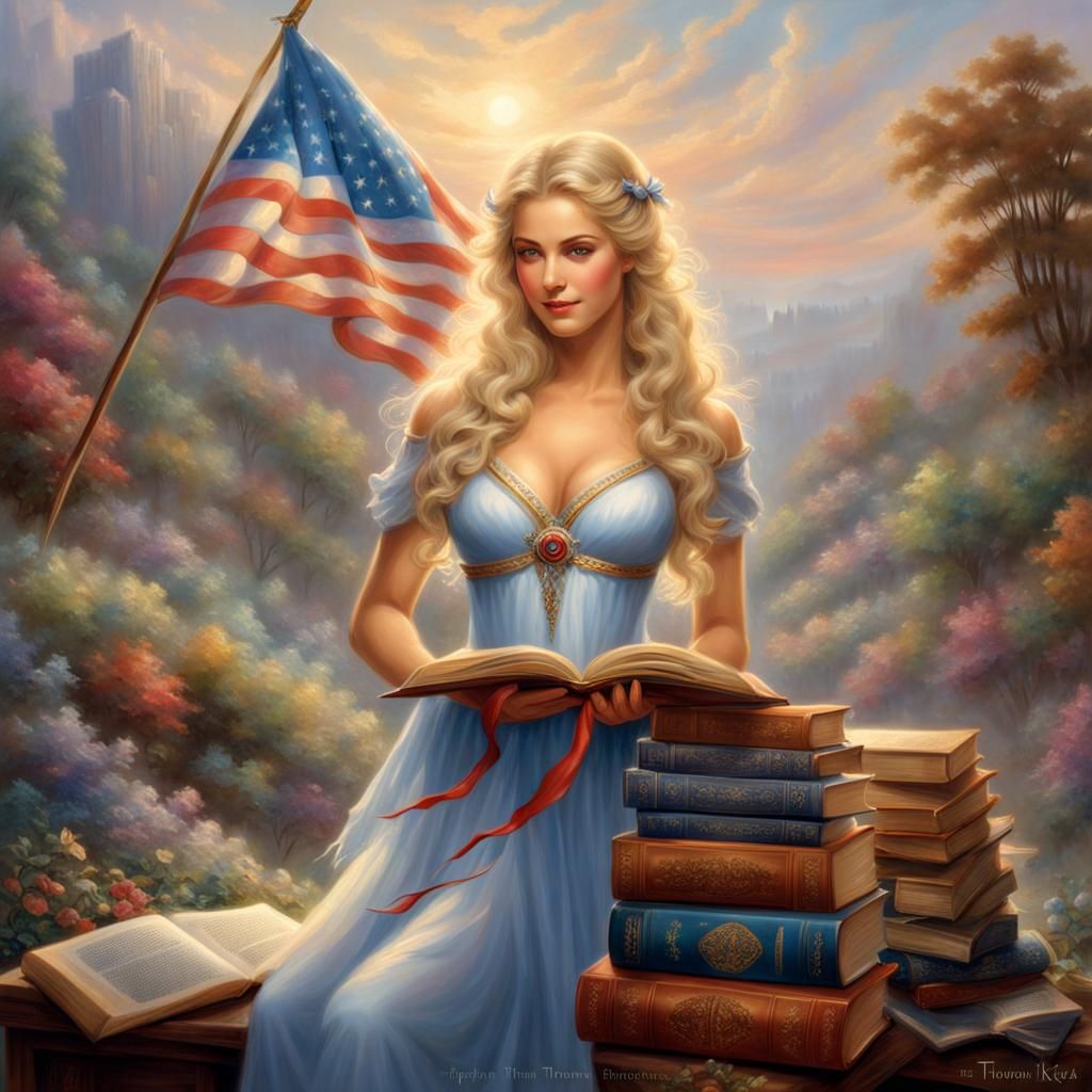 Goddess with American Flag Ribbons in Ethereal Style