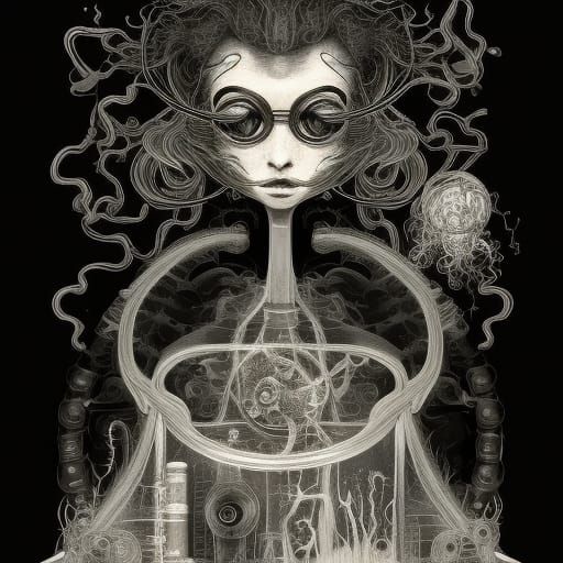 Mad Scientist in Laboratory, Ink Painting with Watercolor