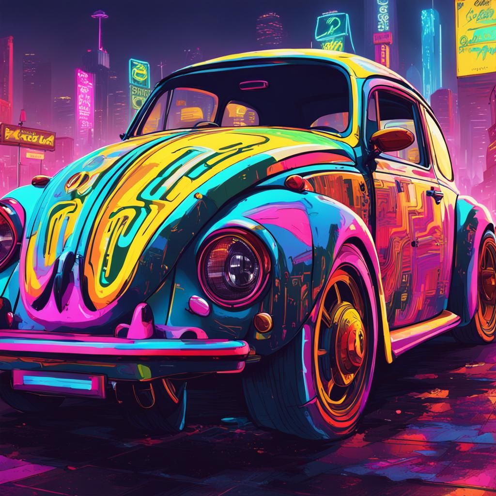 Colorful Cyberpunk Volkswagen Beetle in Neon