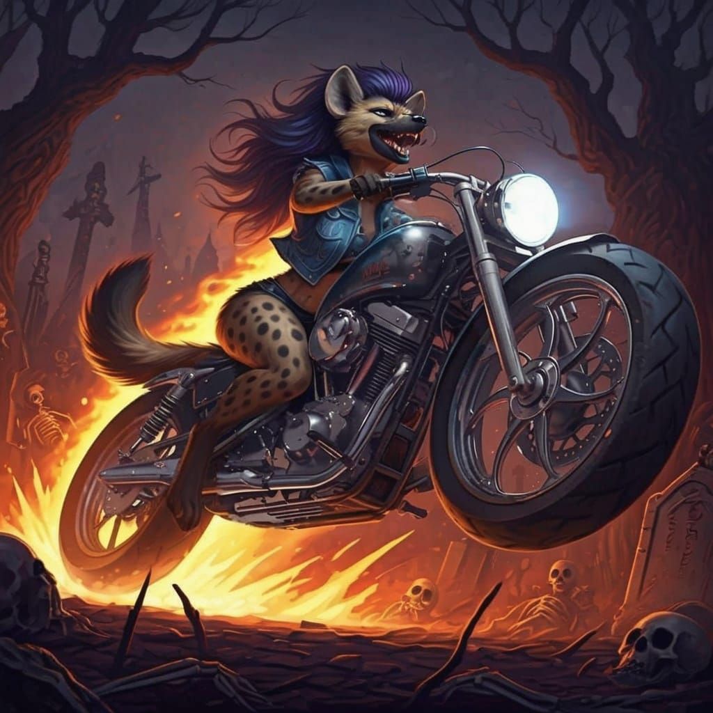 Gothic She-Hyena Rides Chrome Horse Through Blazing Flames