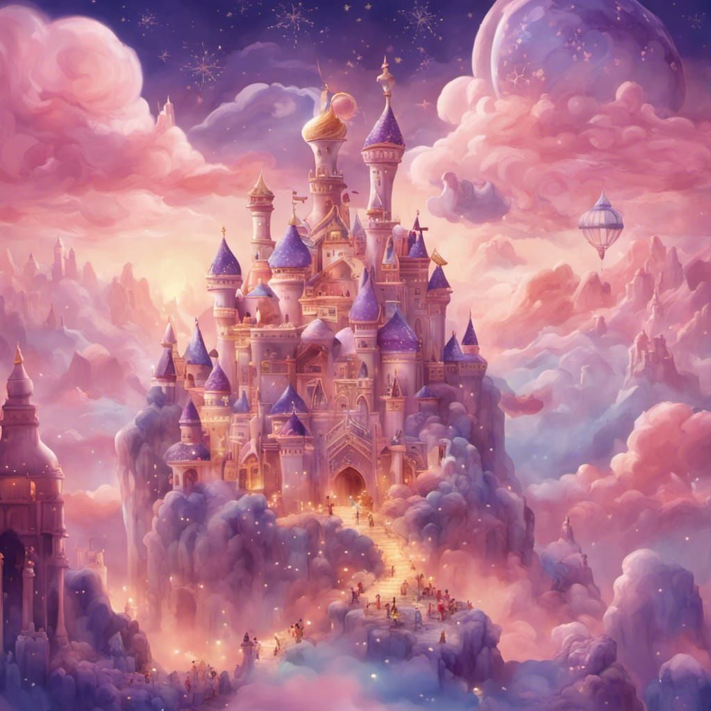 Fantasy Kingdom with Glittering Castle on Clouds