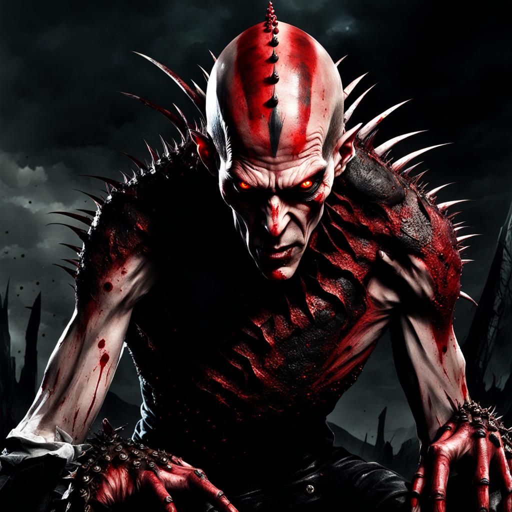 Fantasy monster Tall skinny man with his face painted blood red, dark black circles around his blood red eyes, spikes go...