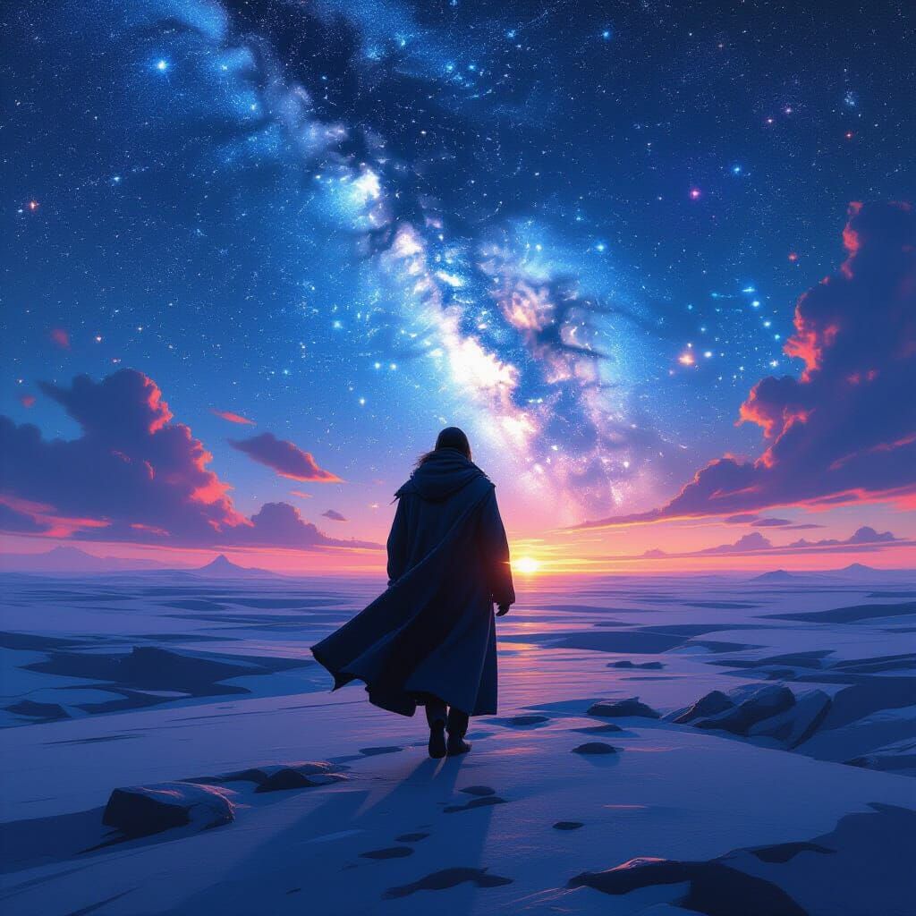 Figure Stepping into Starry Expanse: Surreal Art