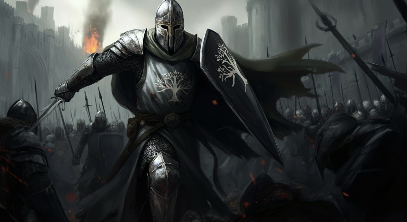Gondor Knight Charges Forward in Dramatic Chiaroscuro Style
