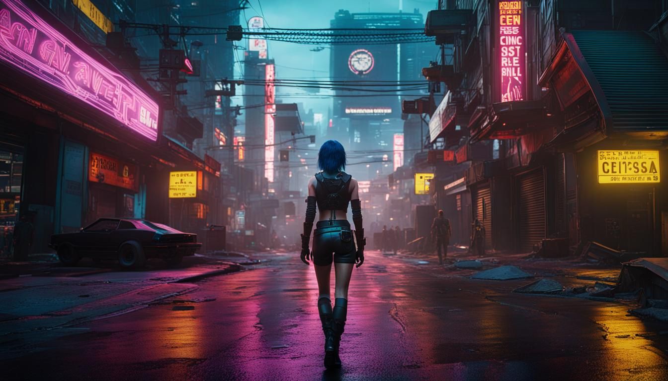 Goth Girl in Cyberpunk City Street