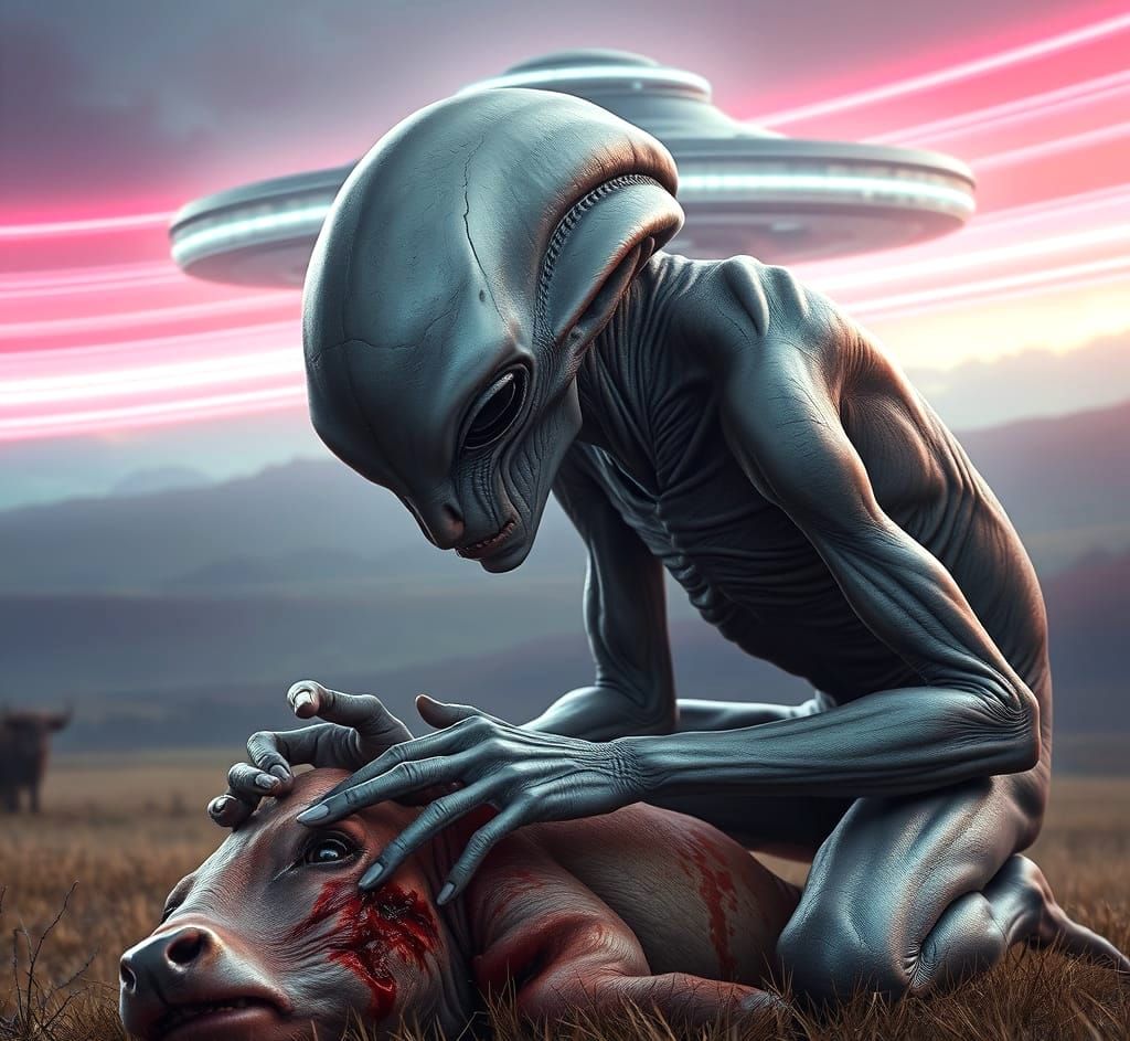Grey Alien Examines Injured Cow in Country Landscape