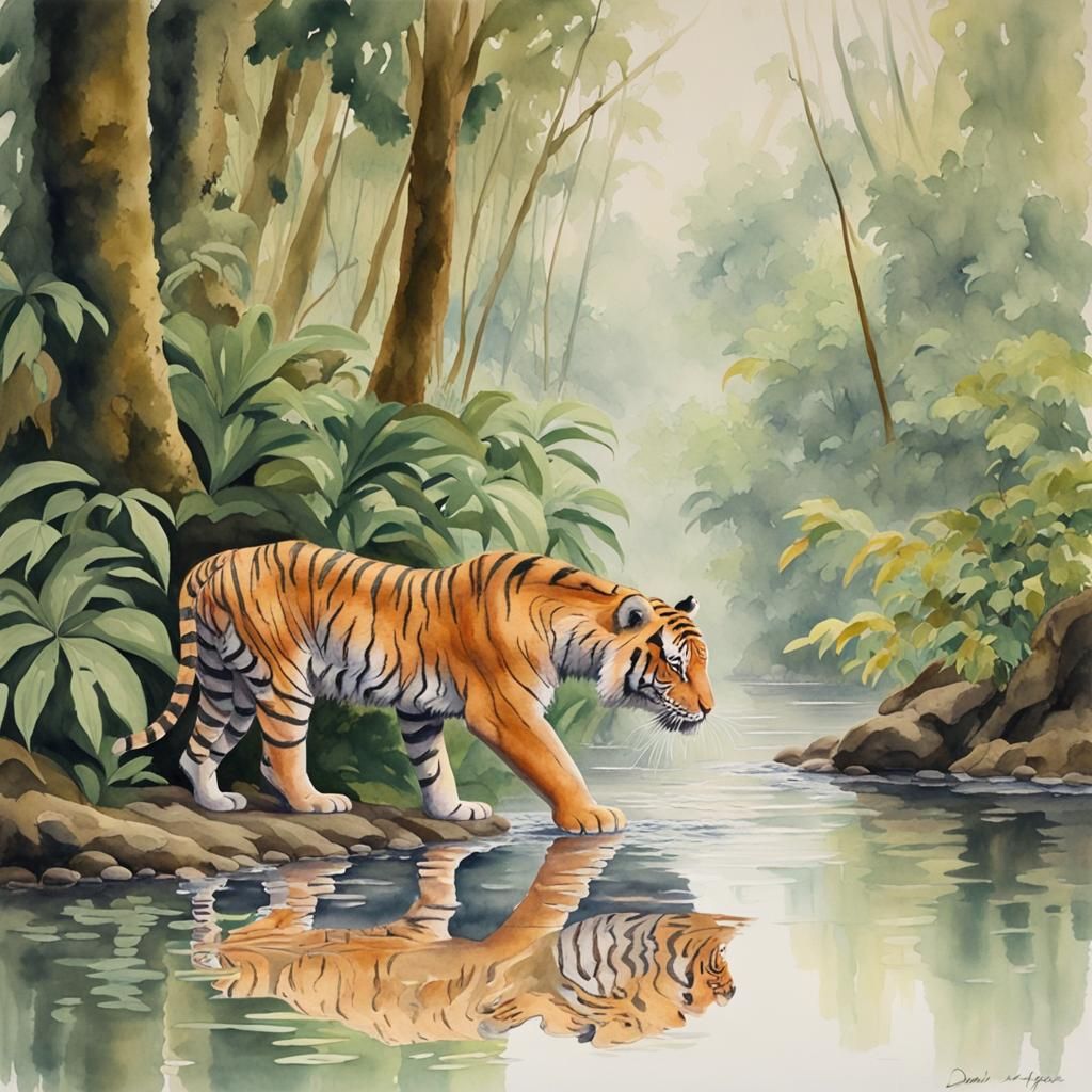 Tiger and Cub in Rainforest, Realistic Watercolour