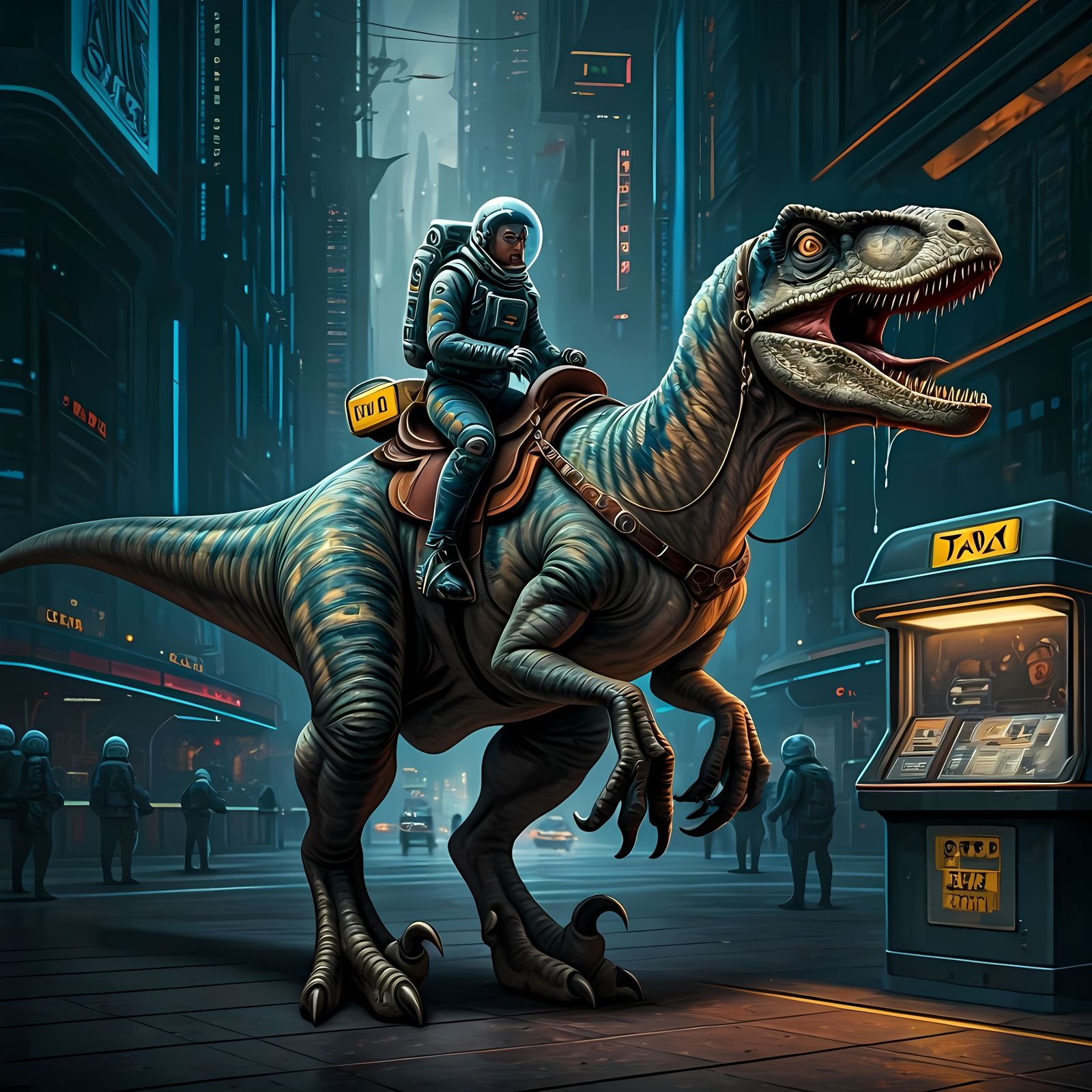 Cyberpunk Velociraptor Taxi Service in Sci-Fi City