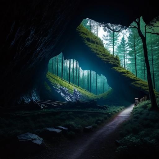 Dark Cave Entrance in Mountain Forest