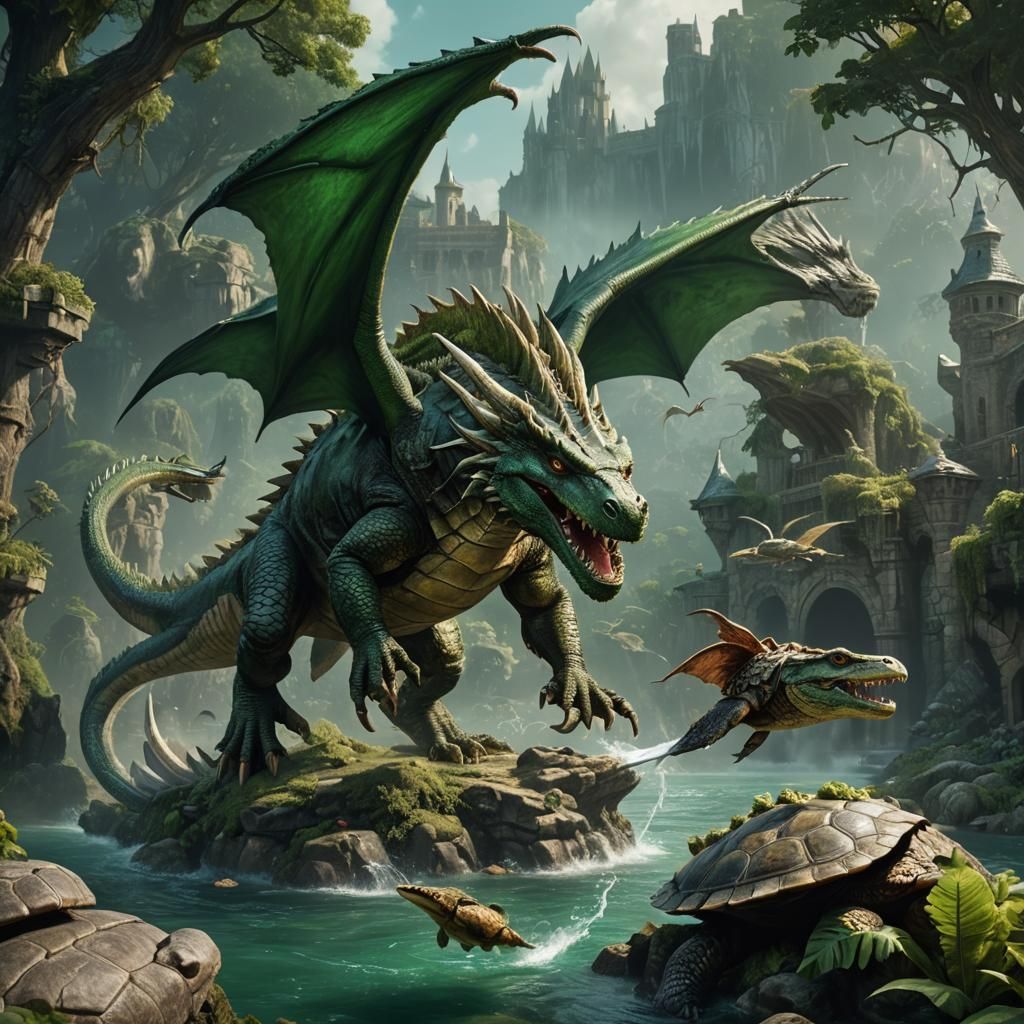 Green Dragon with Razor Shell, Fantasy Concept Art