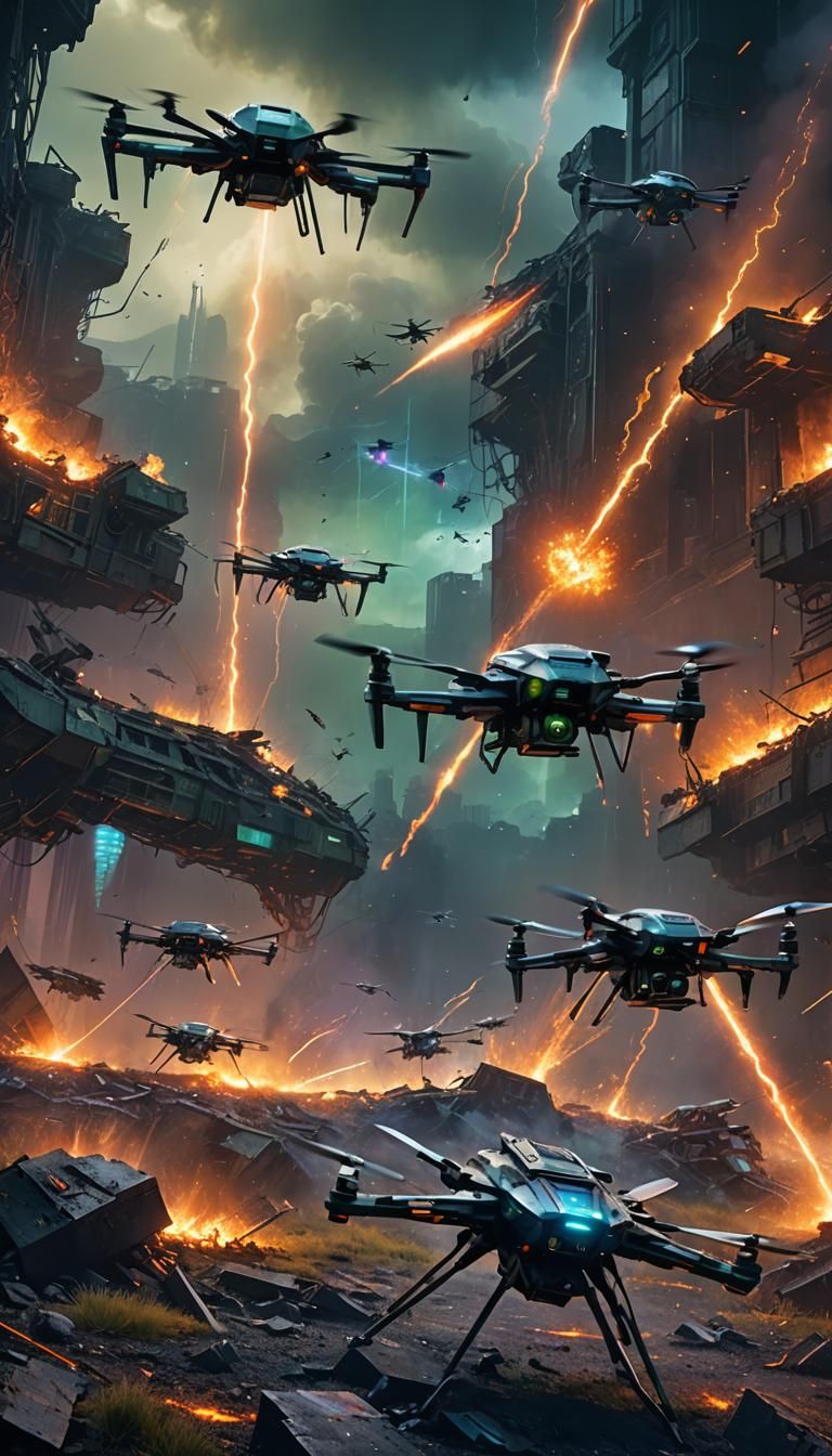 Futuristic Battlefield: Drones Neutralized by Laser Fire