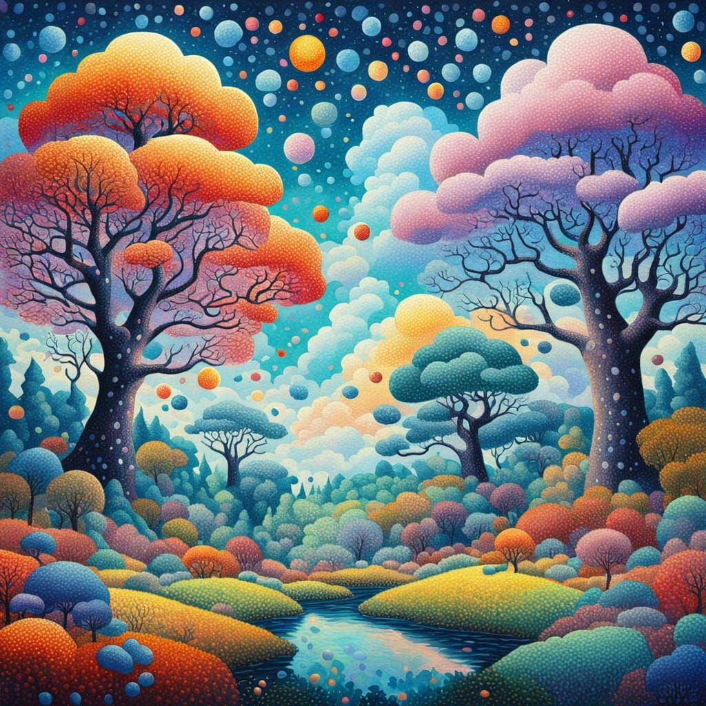 Dreamlike Pointillist Landscape with Melting Shapes