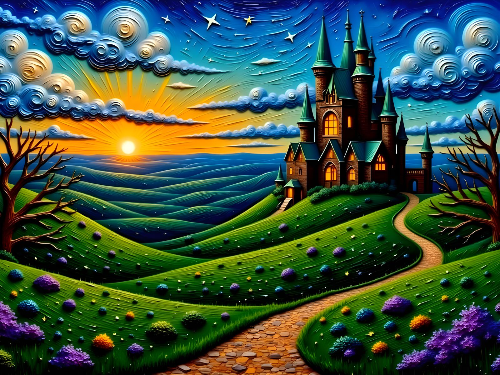 Dreamlike Gothic Castle in a Dusk Landscape
