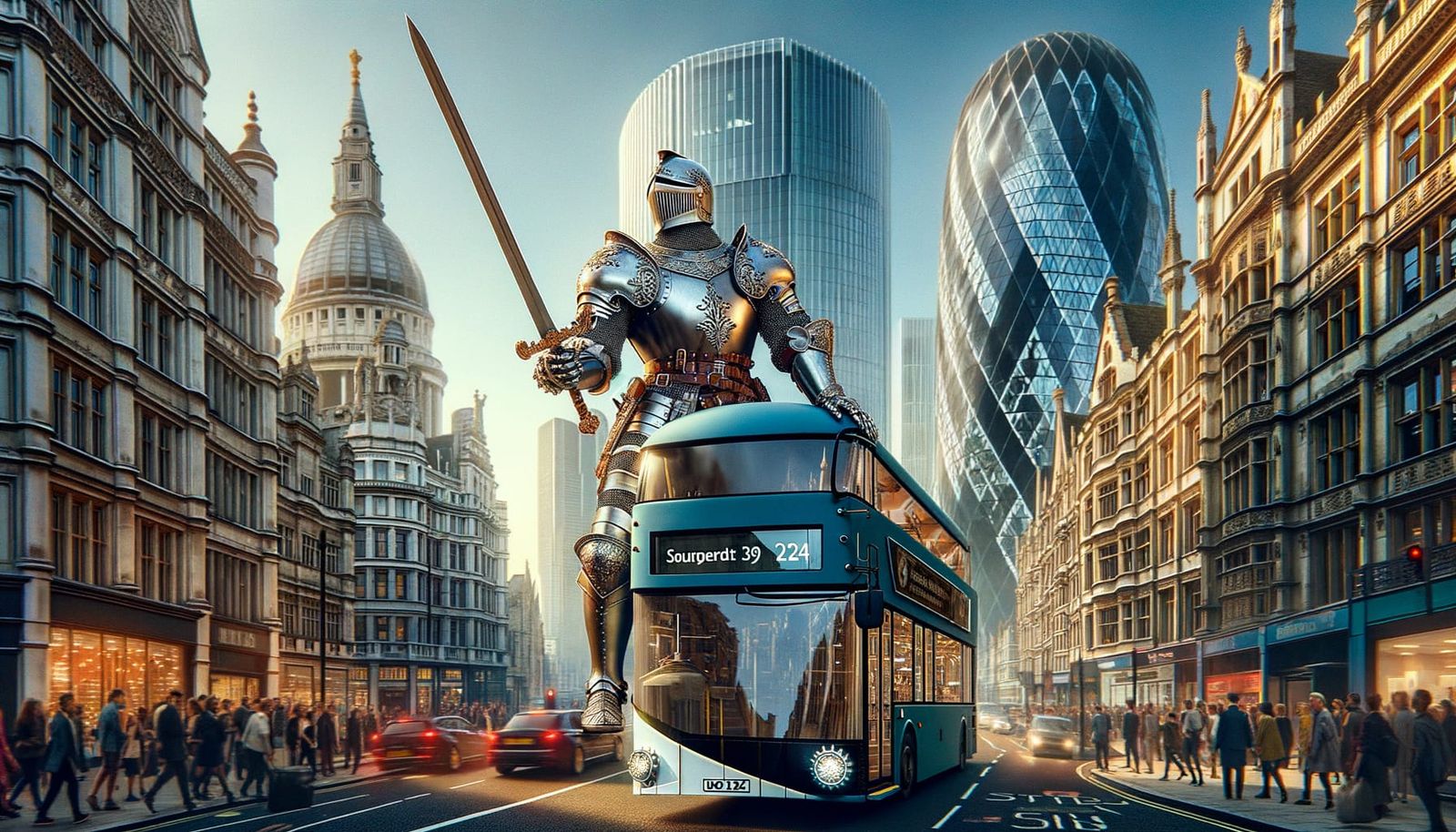 Medieval Knight in full armor with a Long Sword driving a double decker bus in downtown London in 2024