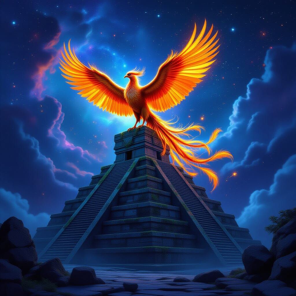 Cosmic Phoenix on Ancient Pyramid Under Nebula Sky