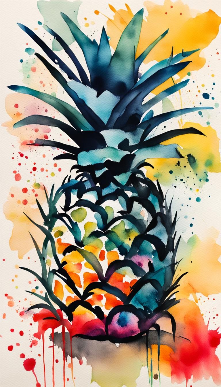 Playful Pineapple in Expressive Ink and Wash Style