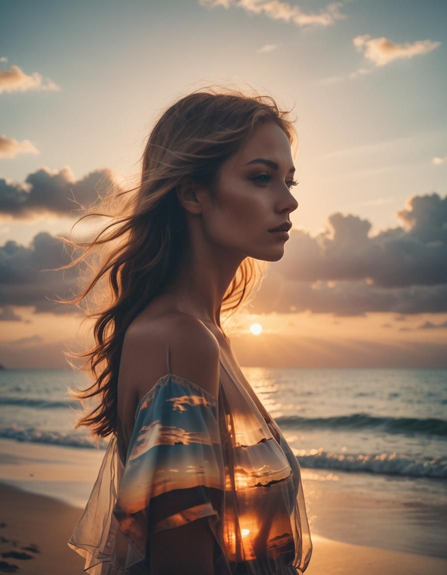 Sunset Beach Silhouette with Double Exposure