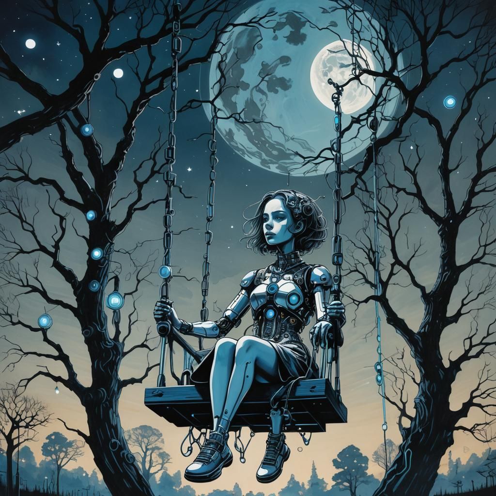 Cyborg Woman on Swing in Pop Surrealism Style