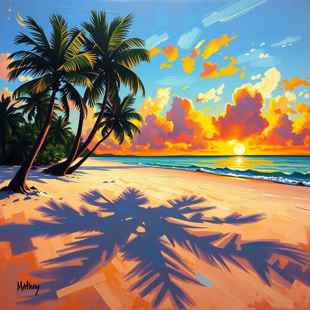 Caribbean Beach Sunset in Impasto Oil Style