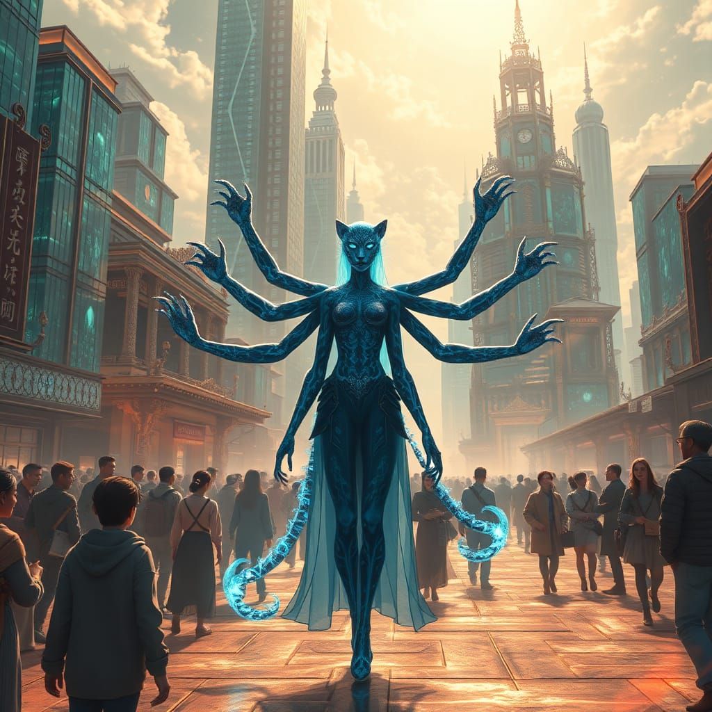 Celestial City: Six-Armed Leopard Woman in Anime Style