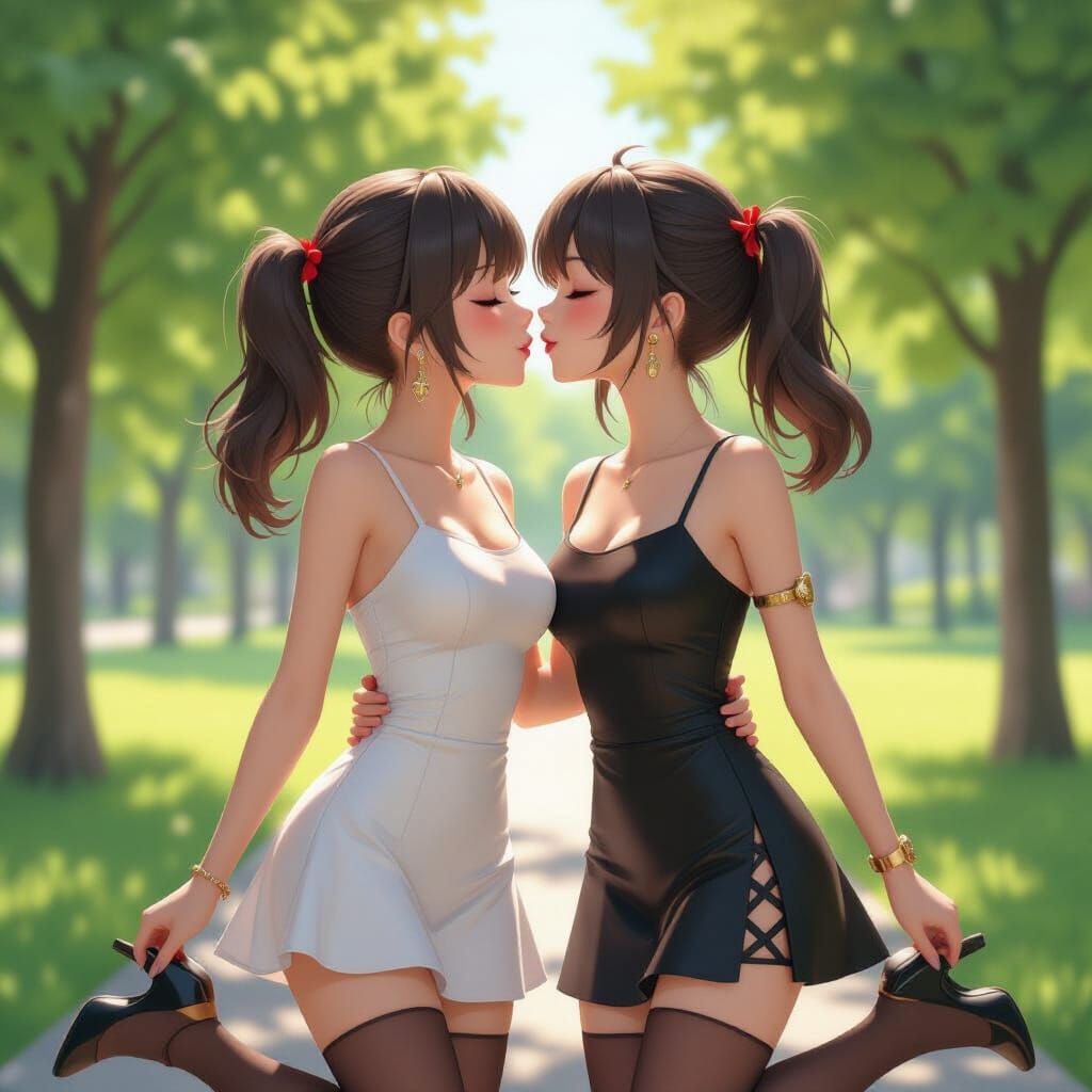 Anime Style Couple Kissing in Sunny Park