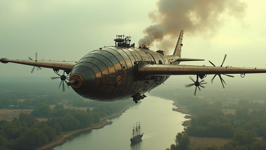 Steampunk Eel Aircraft Soars Over 19th Century Landscape