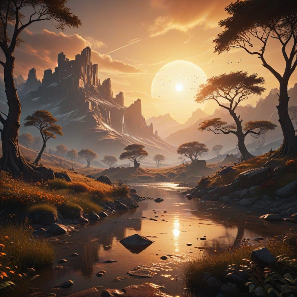 Dreamlike Sunset Scene with Ethereal Glow