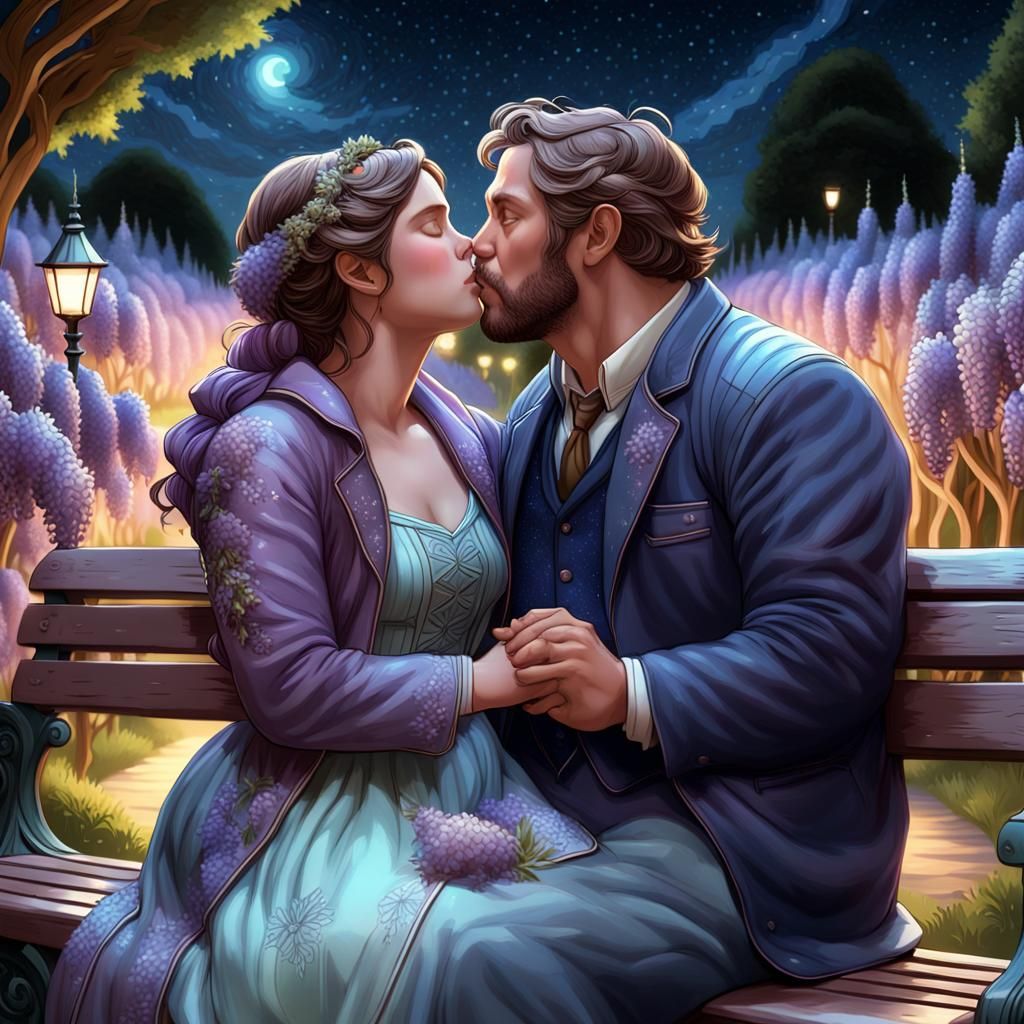 Romantic Kiss Under Wisteria Tunnel, Detailed Portrait