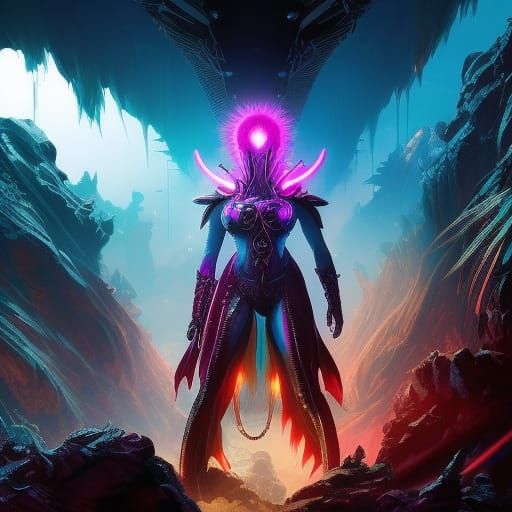 Neon Alien Queen Gladiator in Aetherpunk Sci-Fi Style