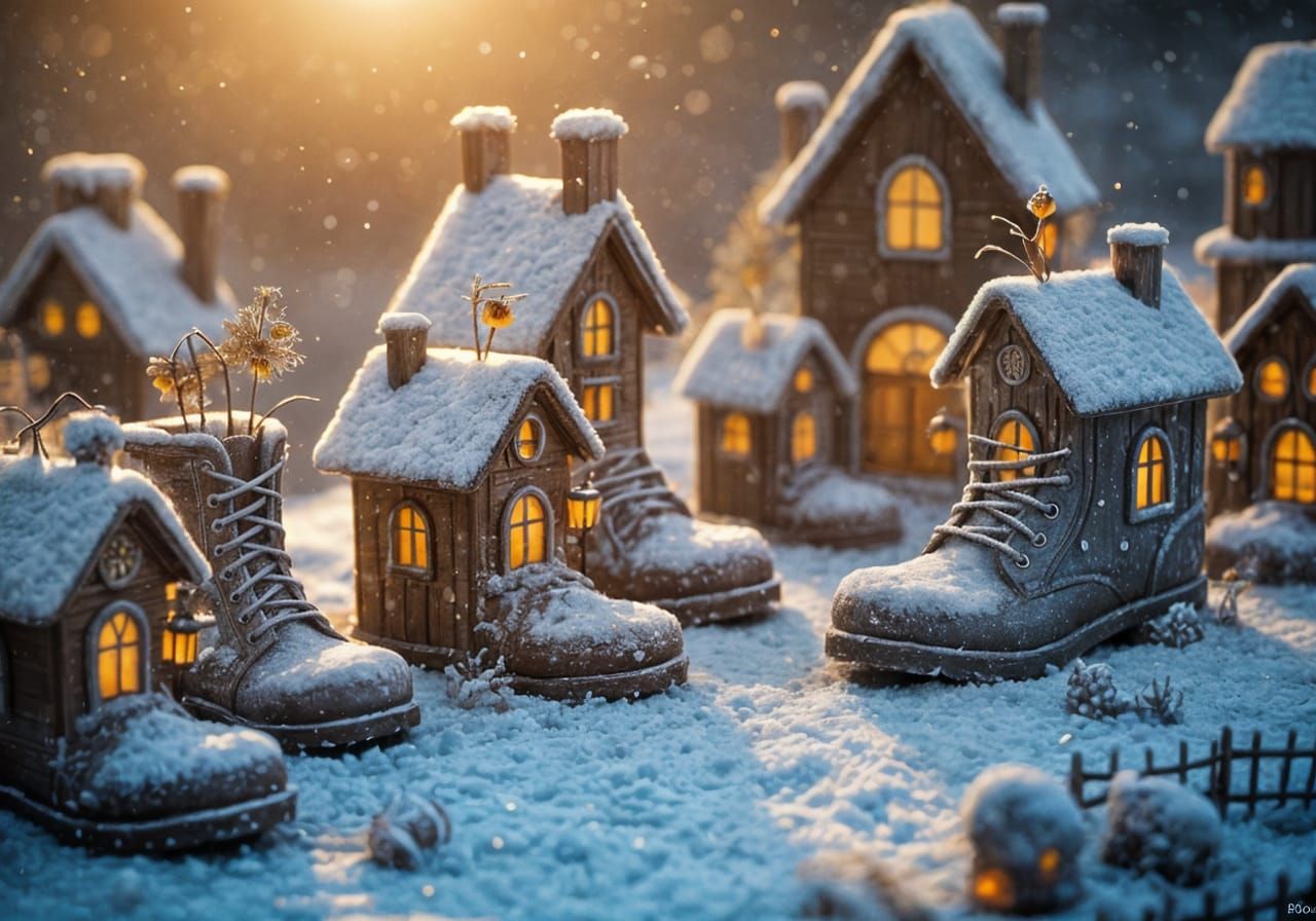 Miniature Fairy Kingdom Built from Boots in Snowy Landscape