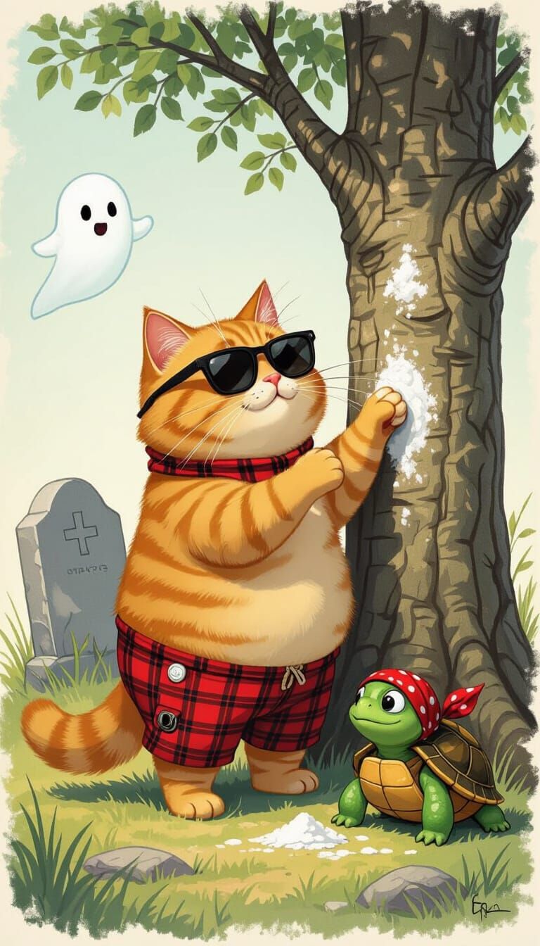 Humorous Cat Rubbing Tree, Imaginative Realism Style