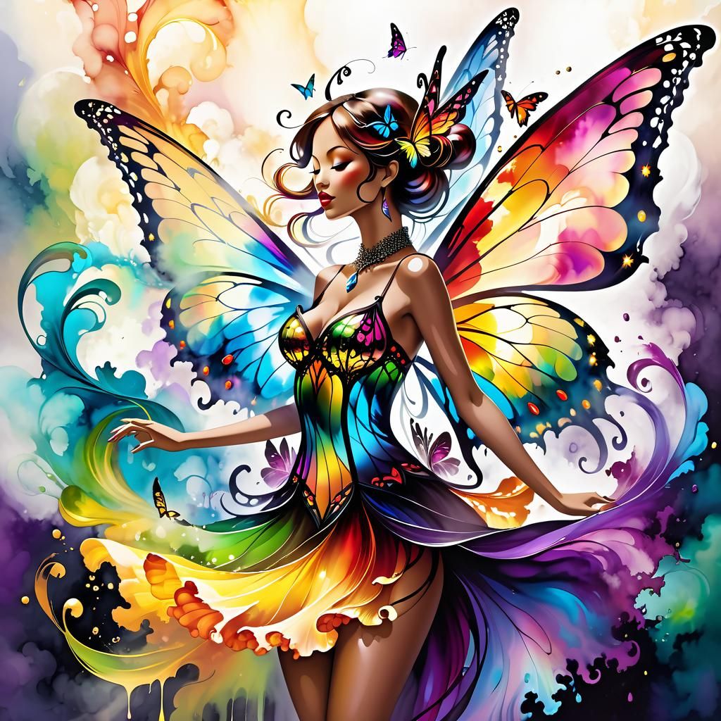 Fairy with Stained Glass Wings in Colorful Smoke
