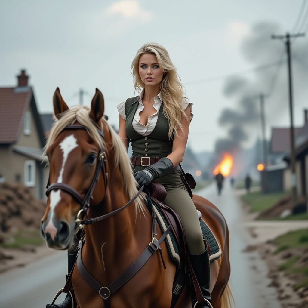 Woman in Vest Rides Horse Towards War-Torn Town