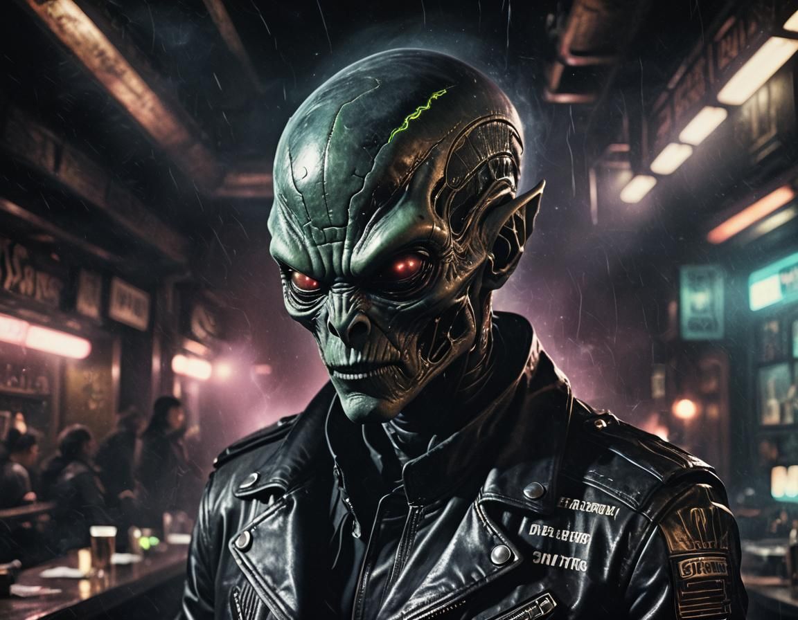 Menacing Alien Bounty Hunter in Noir Style