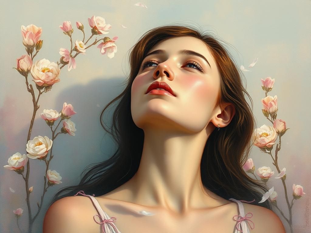 Ethereal Woman in Floral Reverie: A Digital Painting