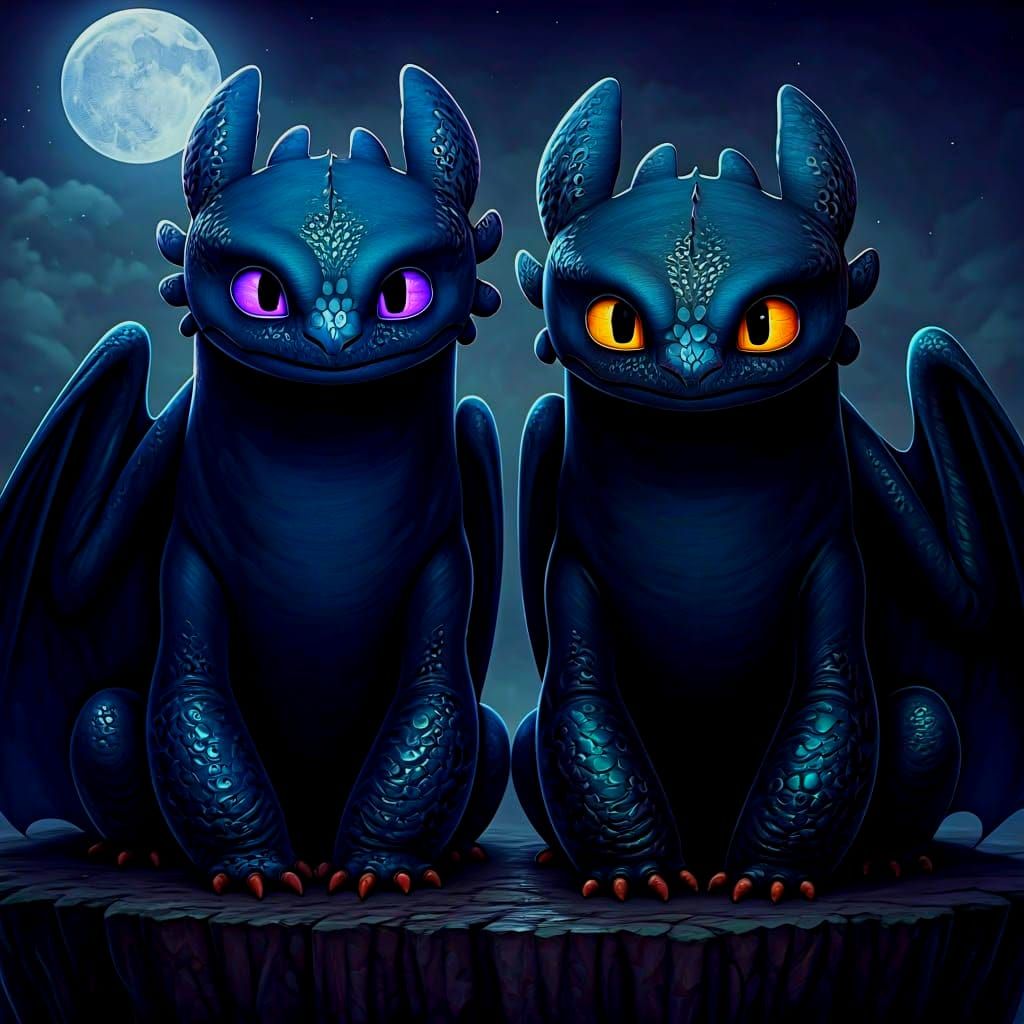 Majestic Night Furies Share Ancient Bond on Moonlit Cliff