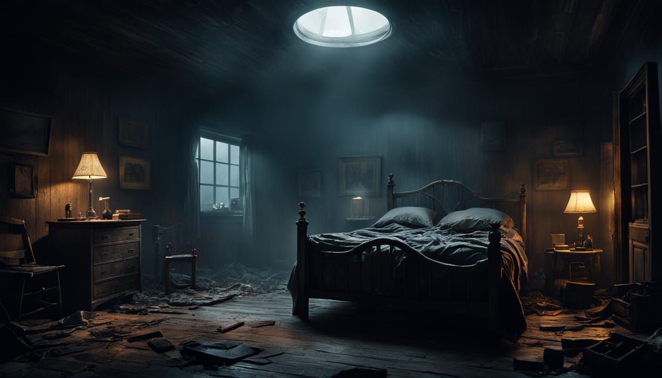 Eerie Nighttime Bedroom Scene in Moody, Weathered Style