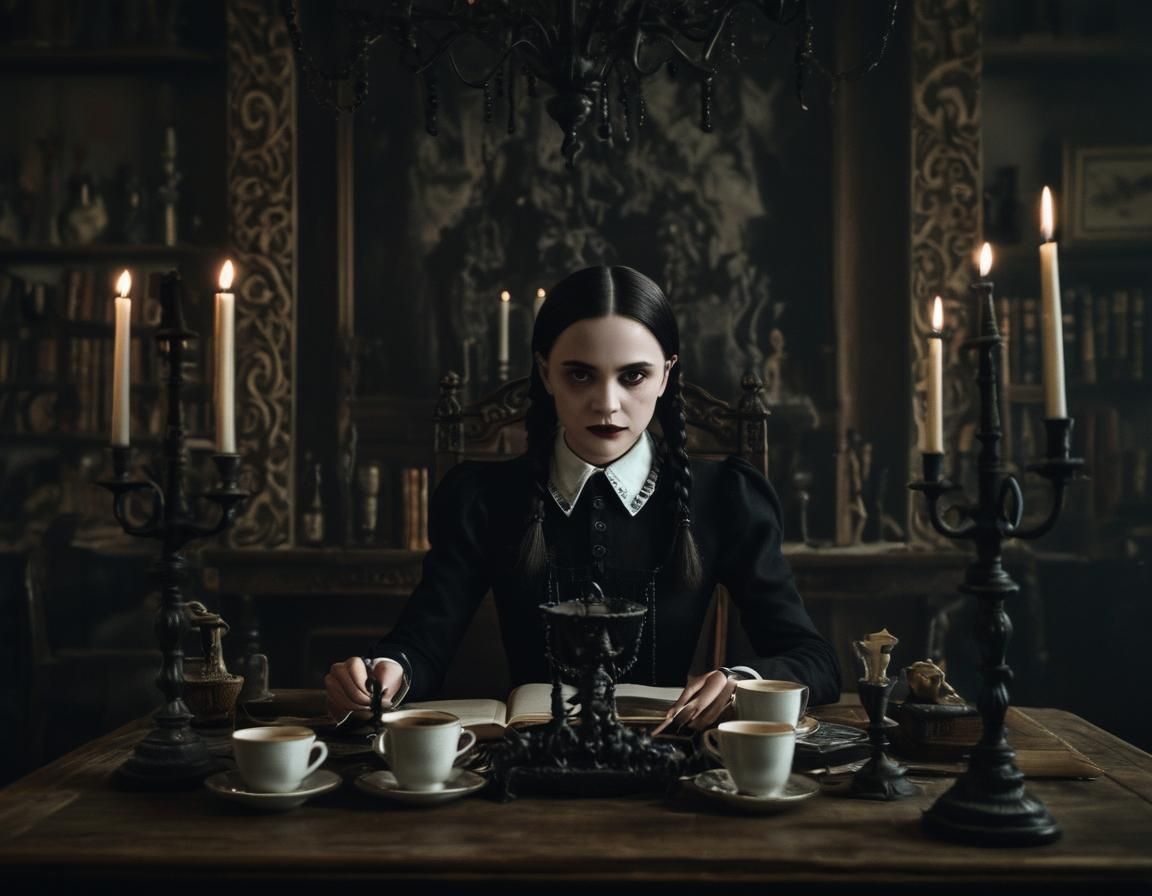 Wednesday Addams Sipping Coffee in Dark Academia Style