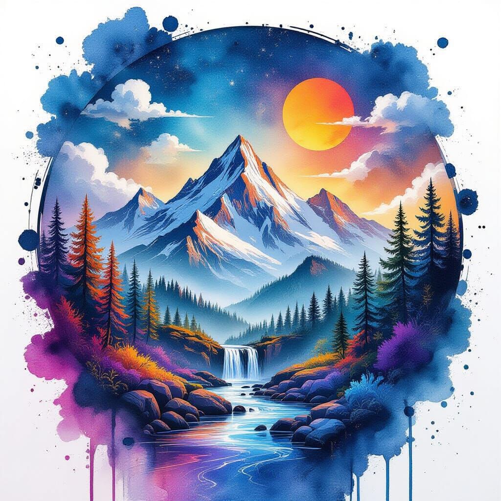 Surreal Mountain Landscape in 3D Alcohol Ink Style