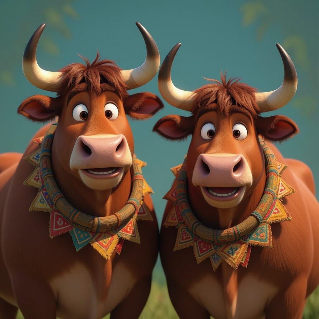 Friendly Muscular Bullocks in Pixar Style