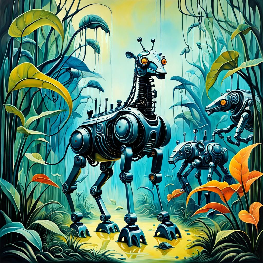 Robotic animals in plastic jungle