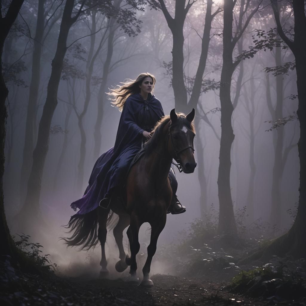 Woman Rides Horse Through Moonlit Forest