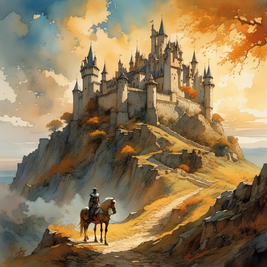Epic Fantasy Knight, Dragon, and Castle Landscape