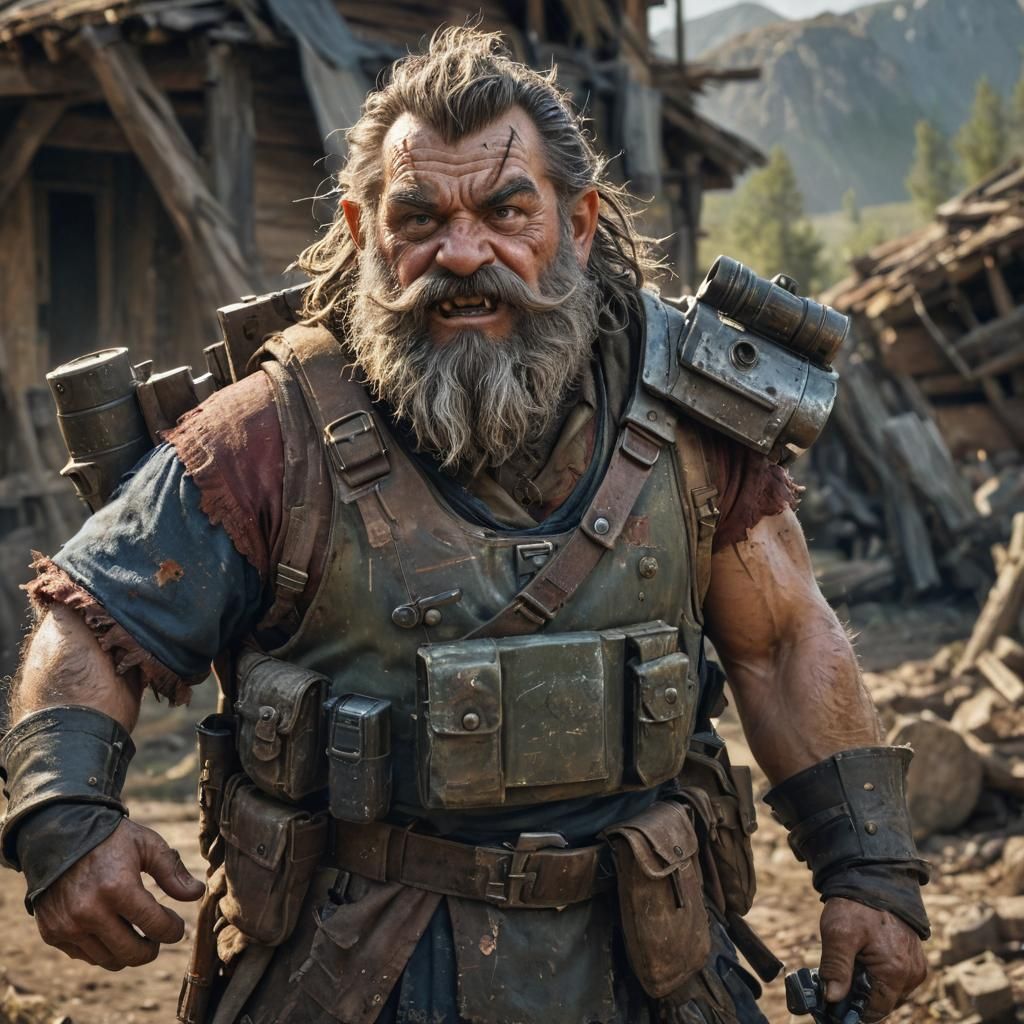 Dwarf Warrior in Intense Rural Landscape, Oil Painting Style