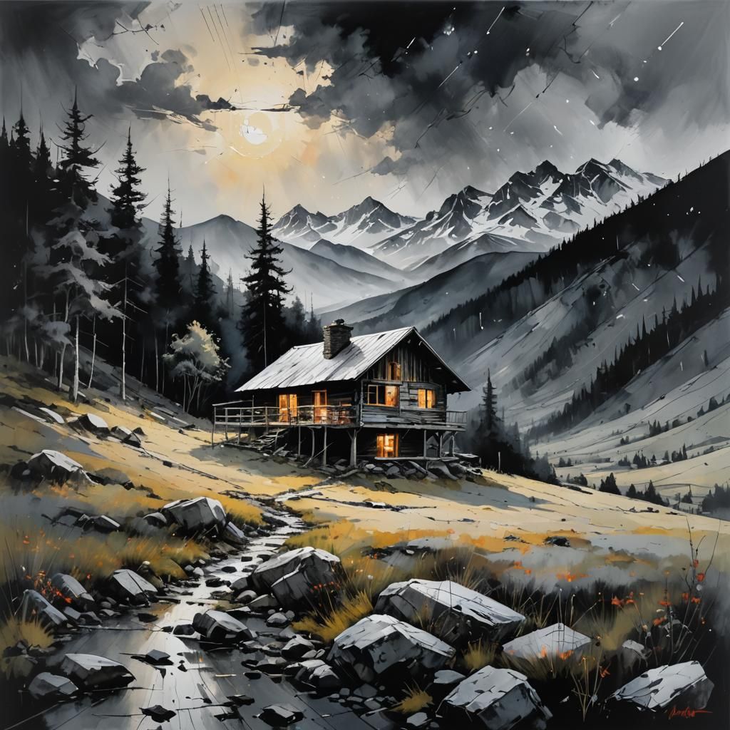 Cabin in Mountains: Surreal Minimalist Painting