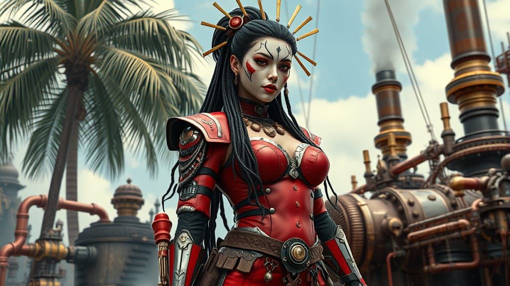 Surreal Steampunk GEISHA Warrior in Industrial Oasis