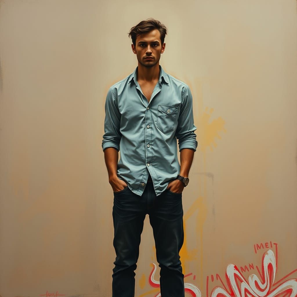 Man in Abstract Landscape as Rothko-Schiele Hybrid