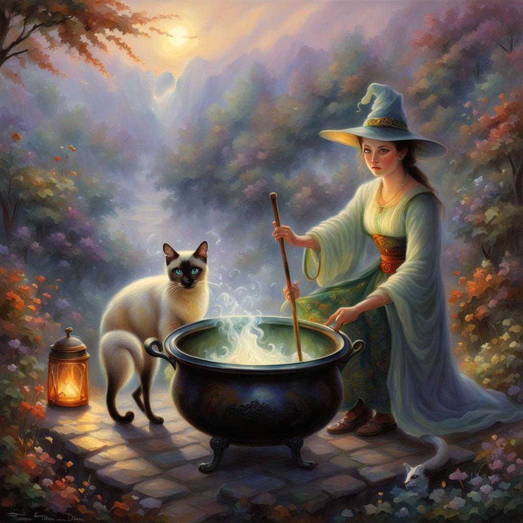 Siamese Cat Brews Potion with Witch, Kinkade Style